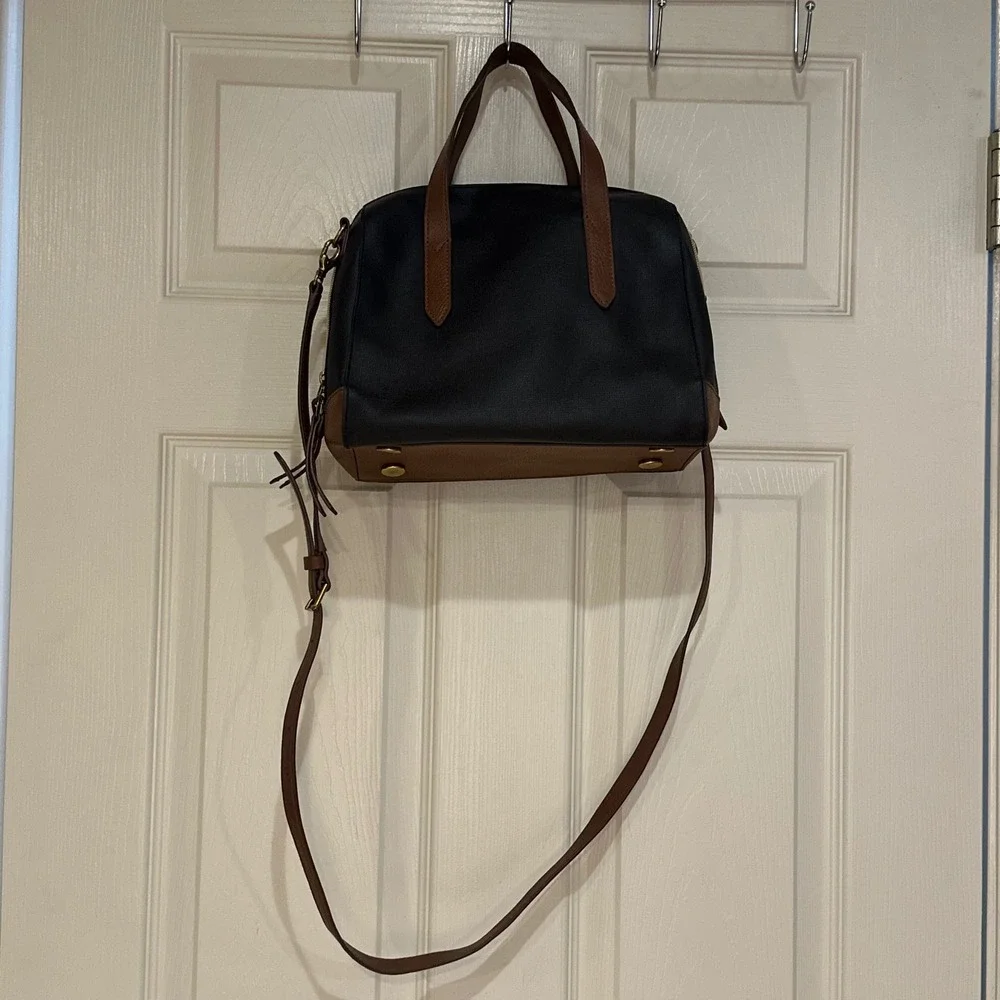 Fossil Sydney Satchel Black Brown Leather Trim Crossbody Bag